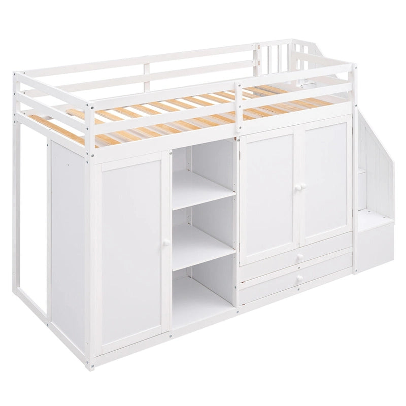 Lit mezzanine fonctionnel avec 3 étagères, 2 armoires et 2 tiroirs, échelle avec rangement, pas besoin de sommier tapissier, gris