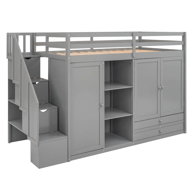 Lit mezzanine fonctionnel avec 3 étagères, 2 armoires et 2 tiroirs, échelle avec rangement, pas besoin de sommier tapissier, gris