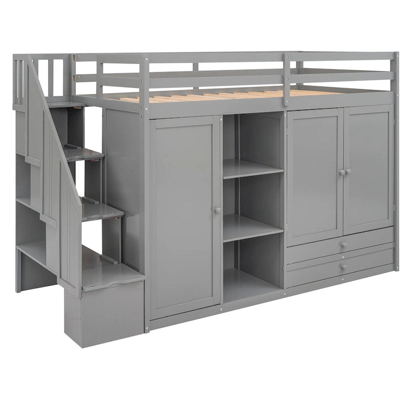 Lit mezzanine fonctionnel avec 3 étagères, 2 armoires et 2 tiroirs, échelle avec rangement, pas besoin de sommier tapissier, gris