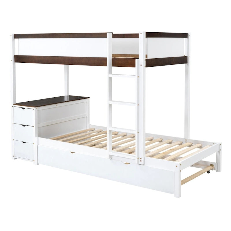 Lit superposé jumeau sur jumeau avec lit gigogne, bureau, prises USB et rangement