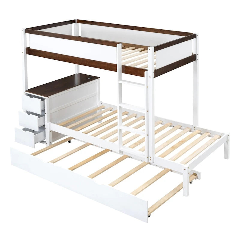 Lit superposé jumeau sur jumeau avec lit gigogne, bureau, prises USB et rangement