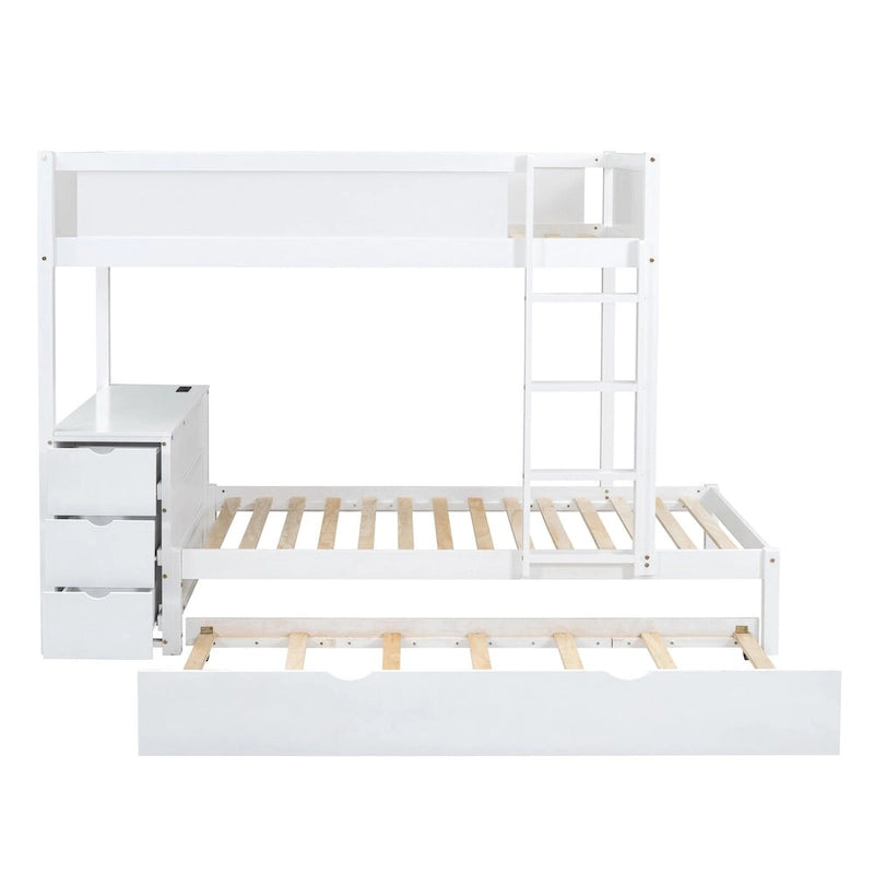 Lit superposé jumeau sur jumeau avec lit gigogne, bureau, prises USB et rangement