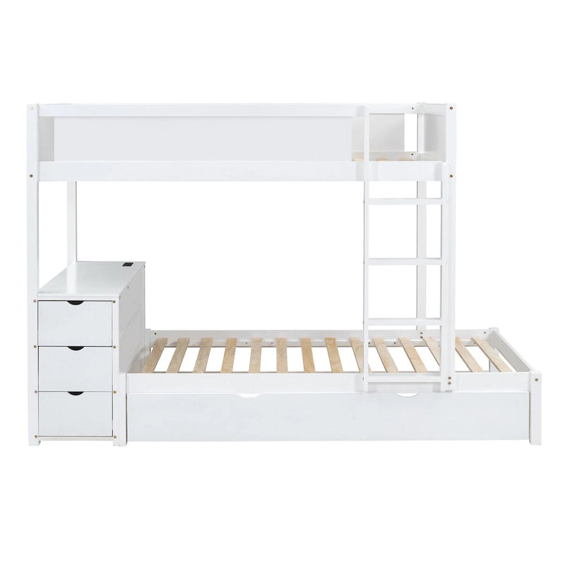 Lit superposé jumeau sur jumeau avec lit gigogne, bureau, prises USB et rangement