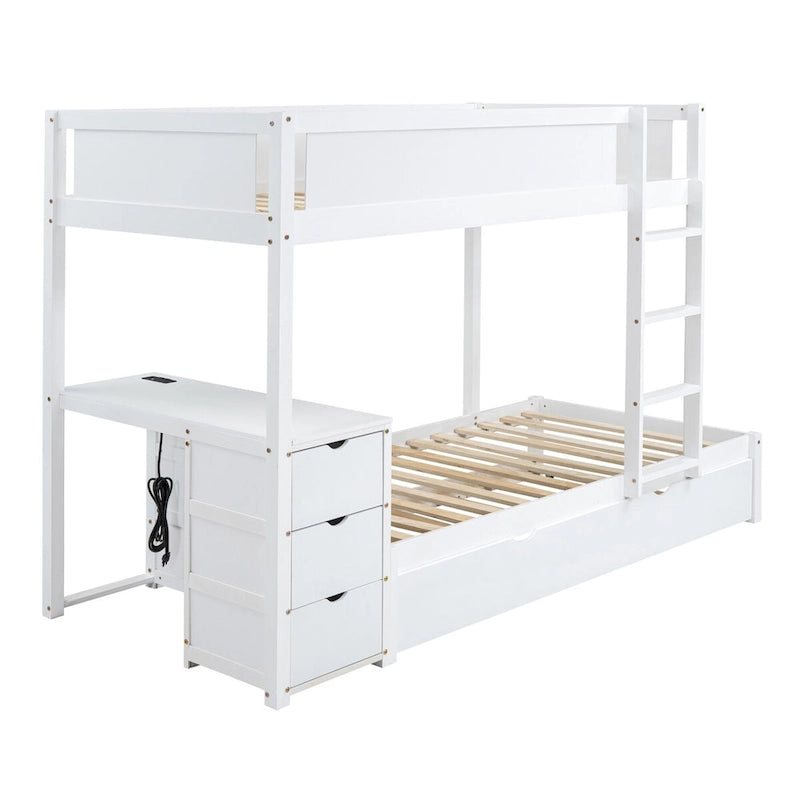 Lit superposé jumeau sur jumeau avec lit gigogne, bureau, prises USB et rangement