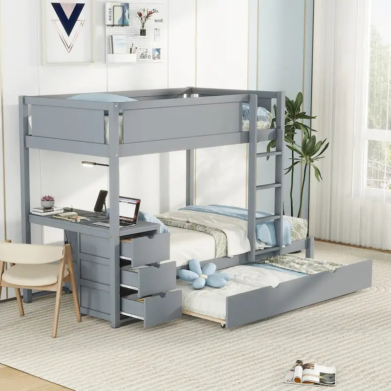 Lit superposé jumeau sur jumeau avec lit gigogne, bureau, prises USB et rangement