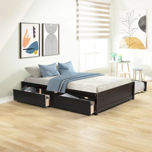 Lit double avec lit gigogne simple et deux tiroirs