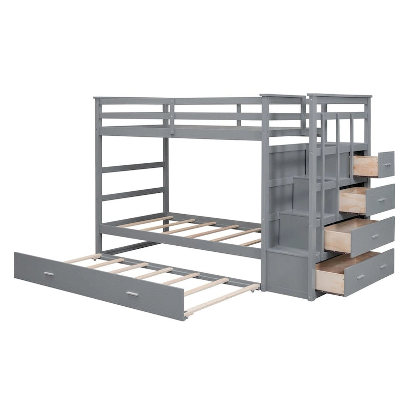 Twin Over Twin Bunk Bed with Trundle and Staircase, Twin Size Storage Bed