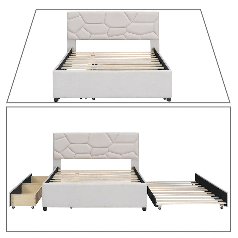 Stylish Linen Fabric Upholstered Platform Bed with Two Drawers and a Trundle Bed
