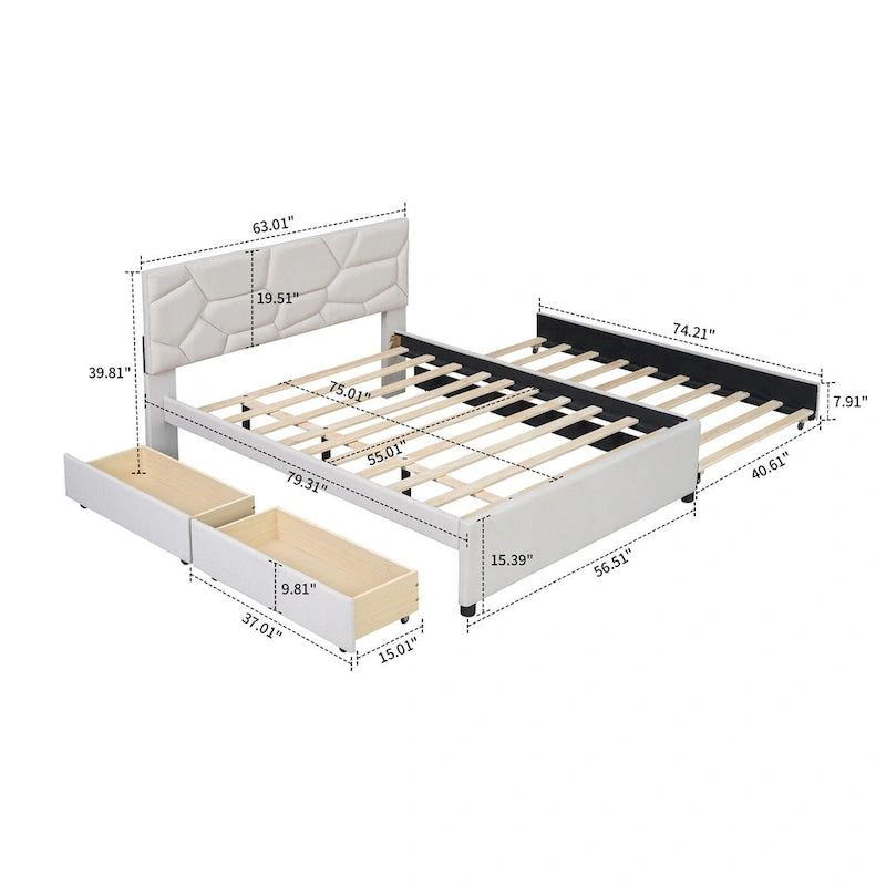 Lit plateforme élégant en tissu de lin avec deux tiroirs et un lit gigogne