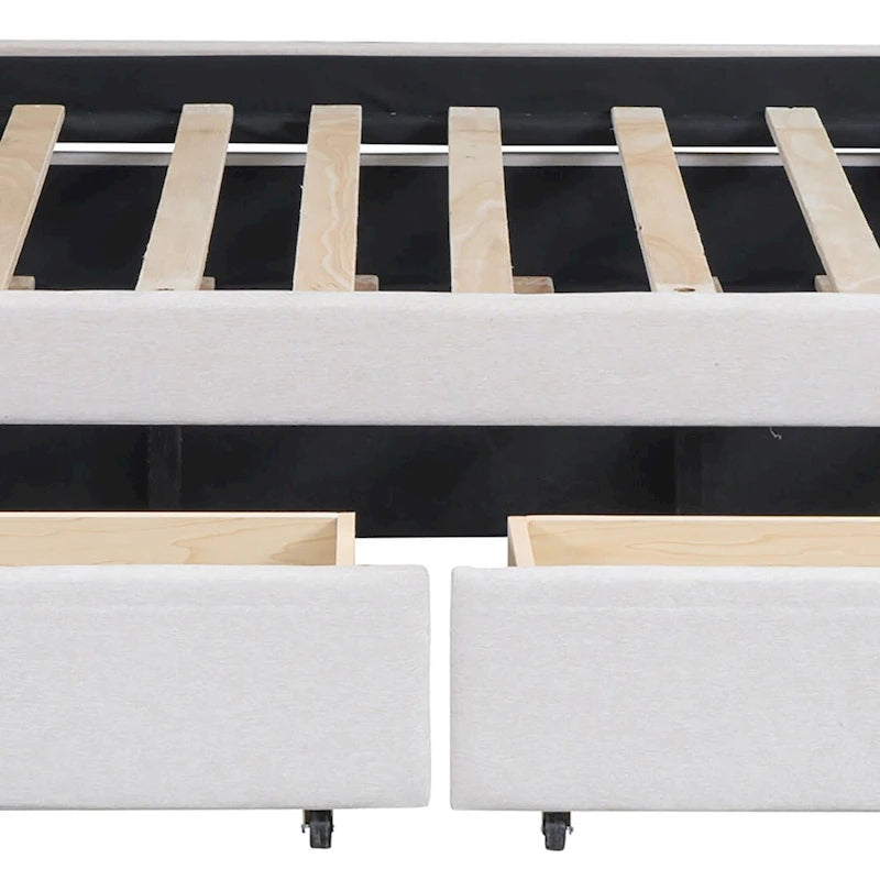 Lit plateforme élégant en tissu de lin avec deux tiroirs et un lit gigogne