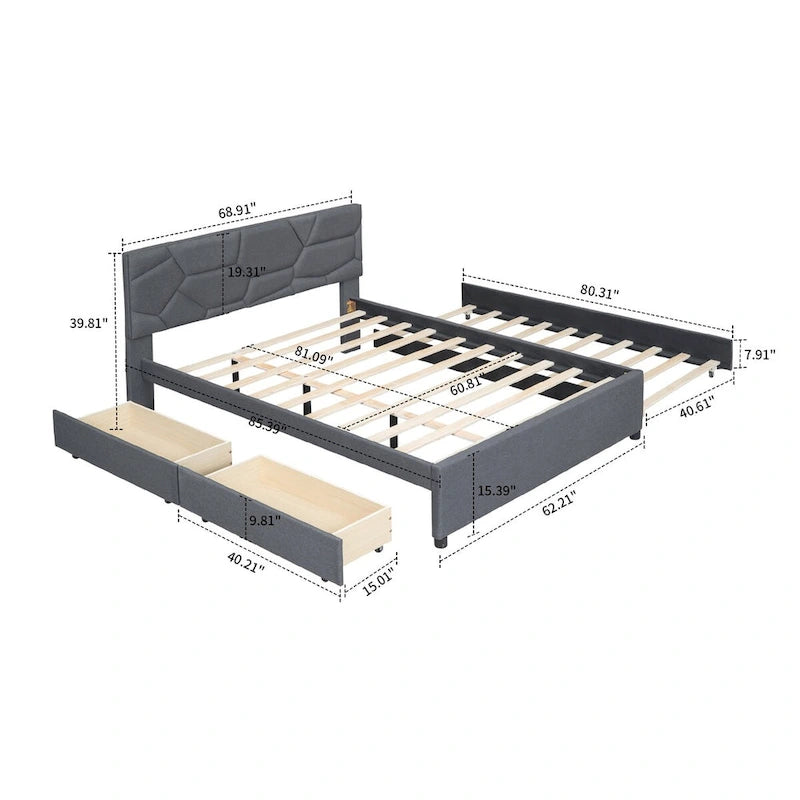 Lit plateforme élégant en tissu de lin avec deux tiroirs et un lit gigogne