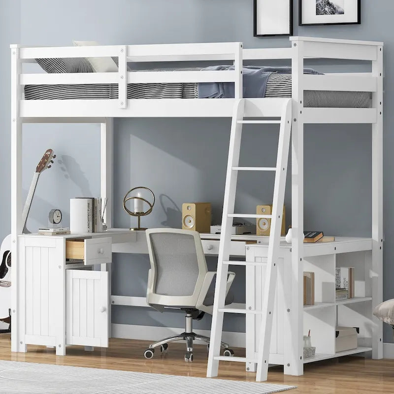 Lit mezzanine simple avec bureau en U, tiroirs et étagères de rangement
