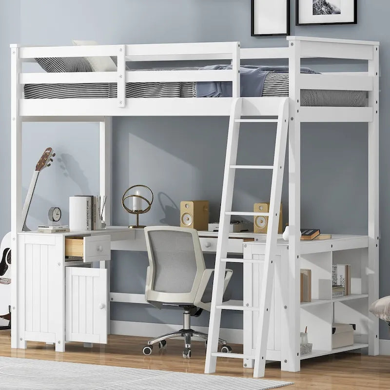 Twin Size Loft Bed with U-shaped Desk, Drawers and Storage Shelves