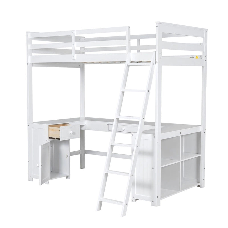 Lit mezzanine simple avec bureau en U, tiroirs et étagères de rangement