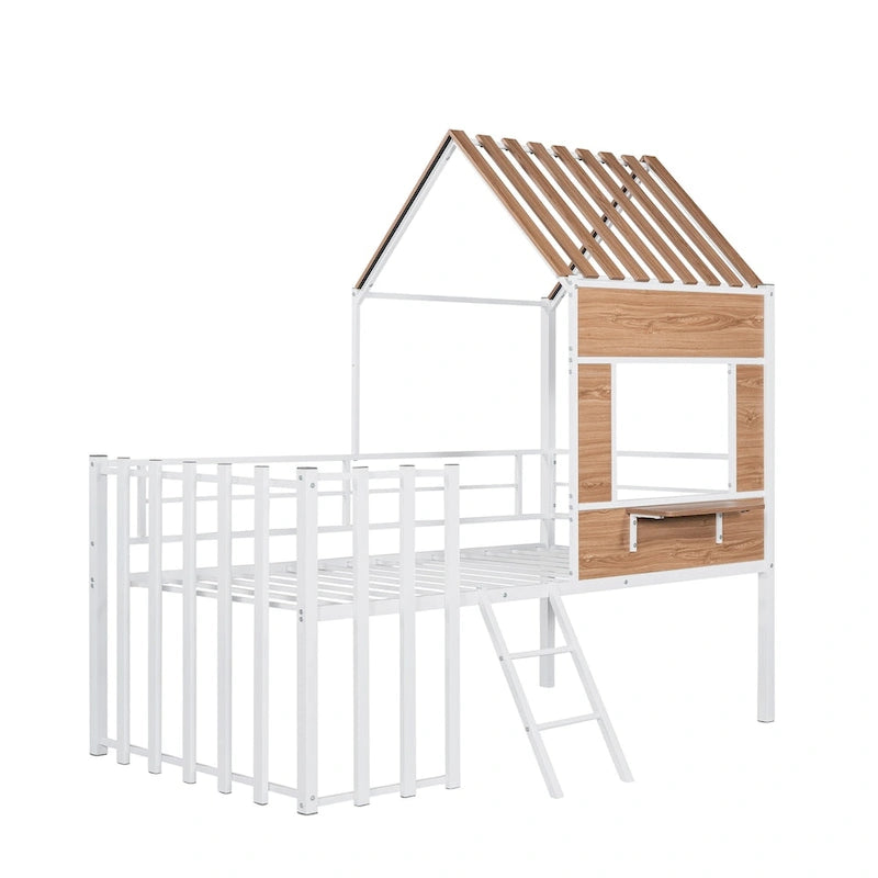 Metal Loft Bed with Roof, Window, Guardrail, Ladder