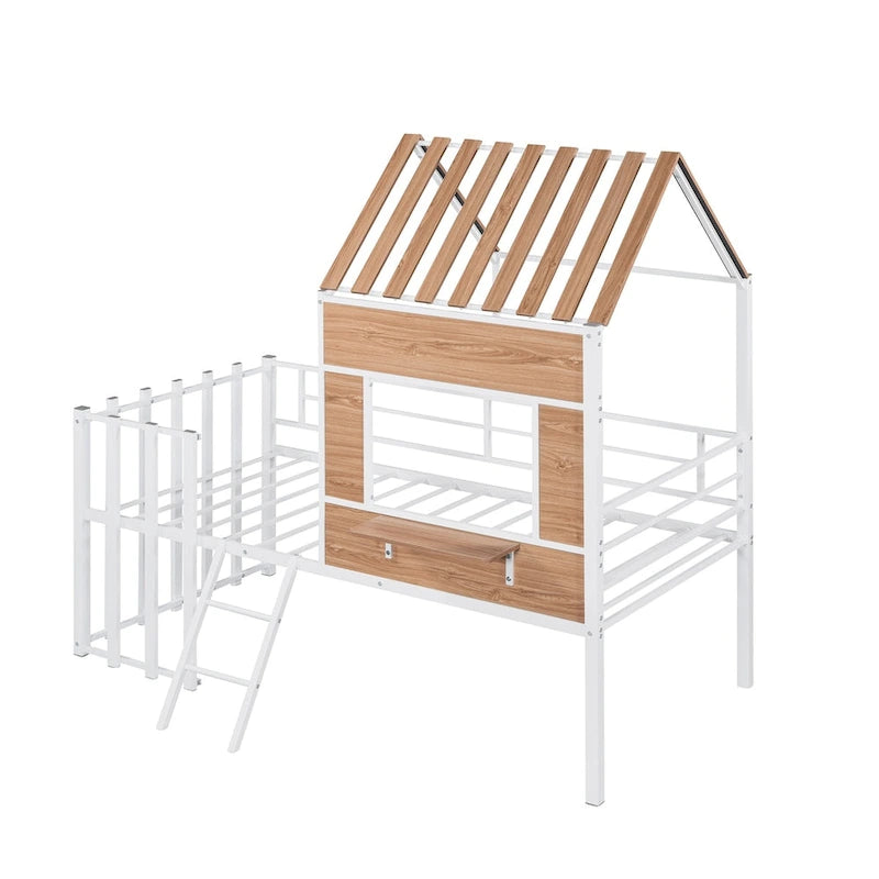 Lit mezzanine en métal avec toit, fenêtre, garde-corps, échelle