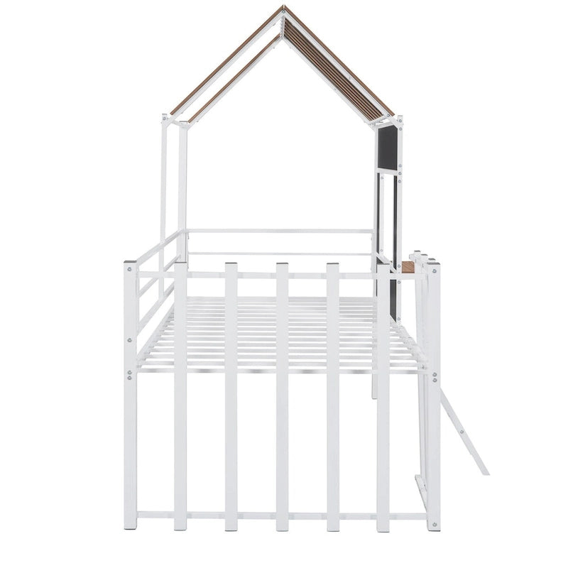 Lit mezzanine en métal avec toit, fenêtre, garde-corps, échelle