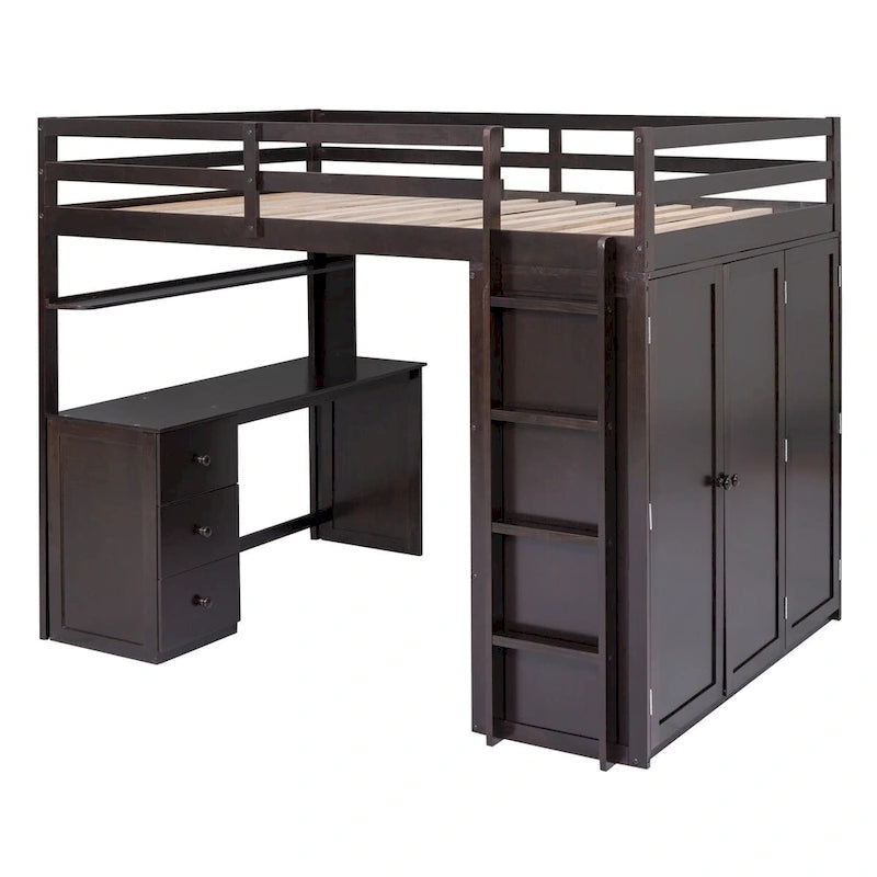 Lit mezzanine double avec tiroirs, bureau, armoire et barrières de sécurité