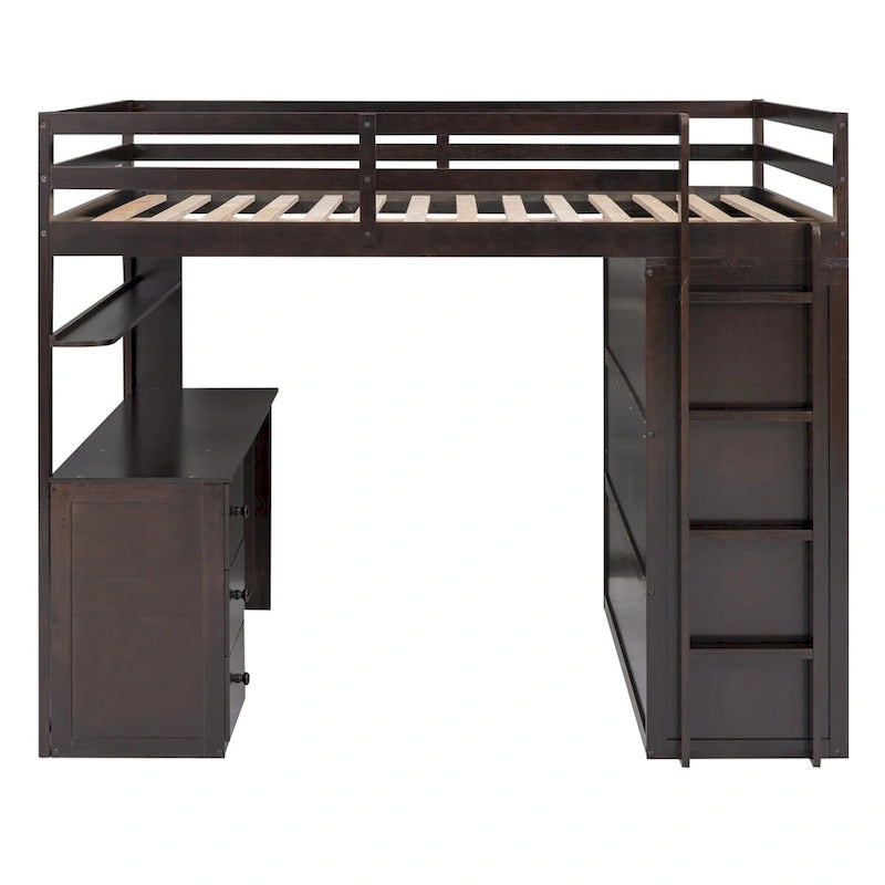 Lit mezzanine double avec tiroirs, bureau, armoire et barrières de sécurité