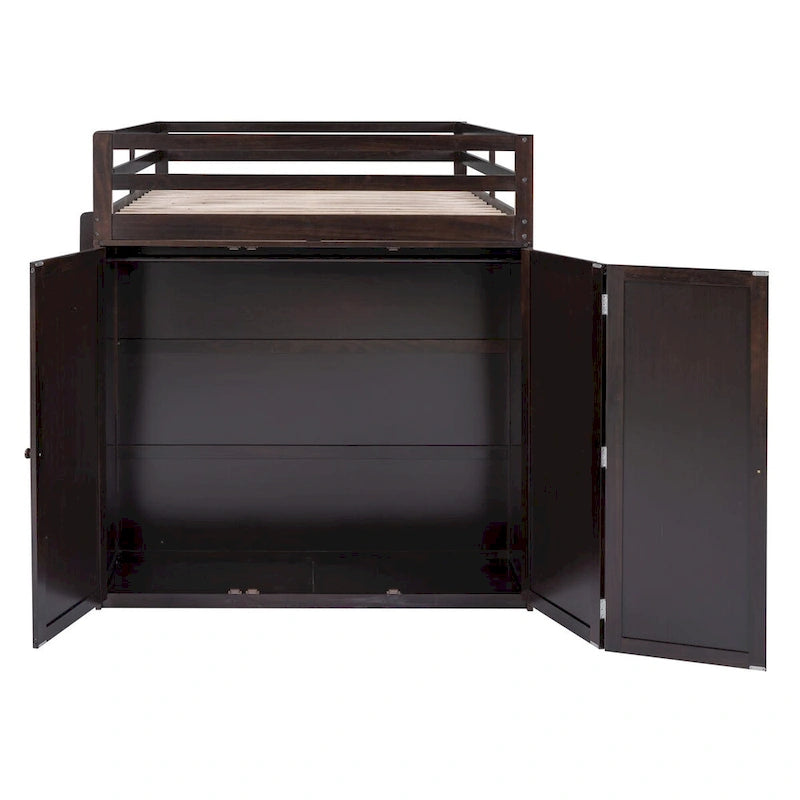 Lit mezzanine double avec tiroirs, bureau, armoire et barrières de sécurité