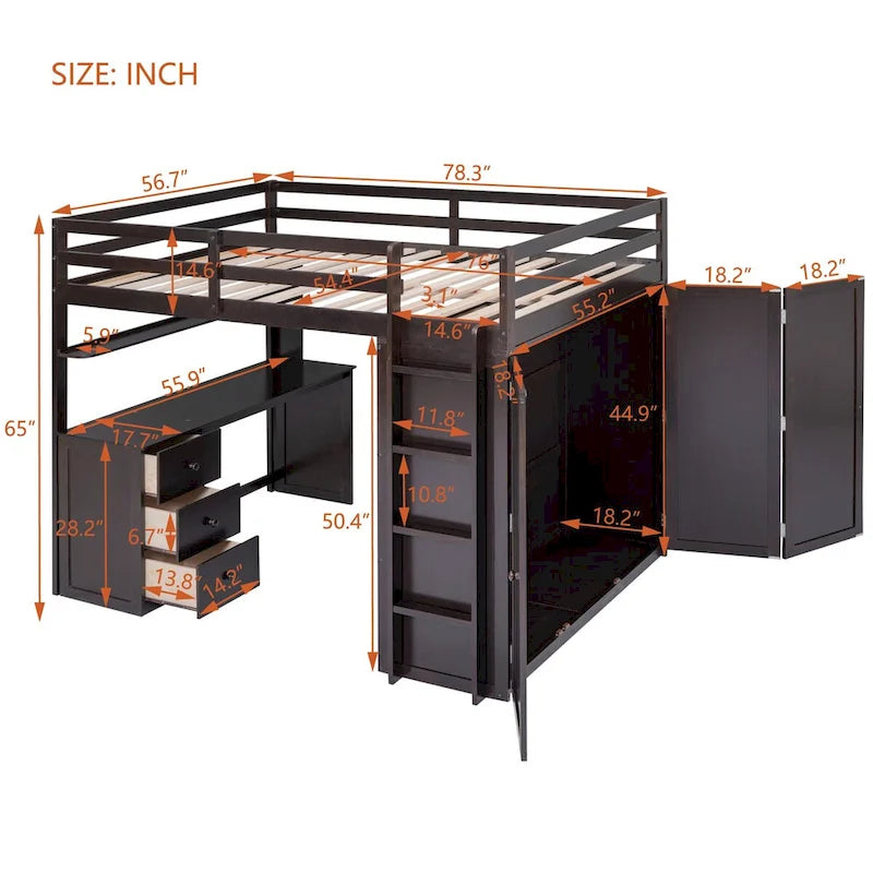 Lit mezzanine double avec tiroirs, bureau, armoire et barrières de sécurité