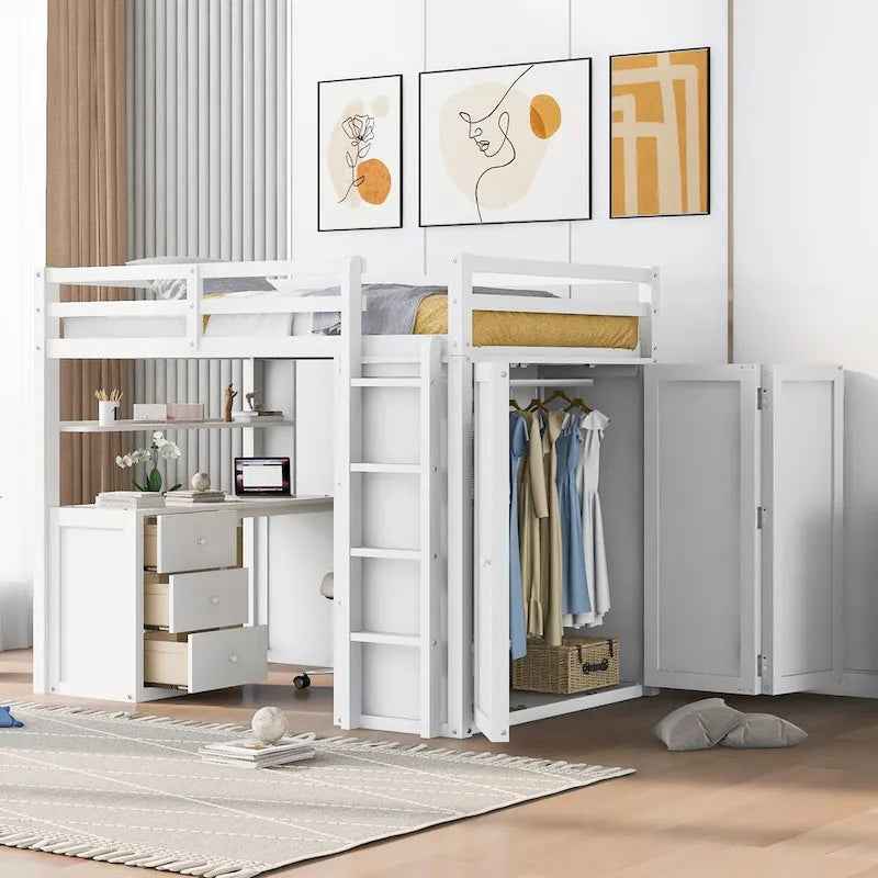 Lit mezzanine double avec tiroirs, bureau, armoire et barrières de sécurité