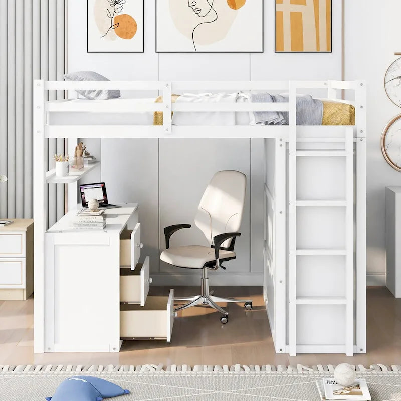 Lit mezzanine double avec tiroirs, bureau, armoire et barrières de sécurité