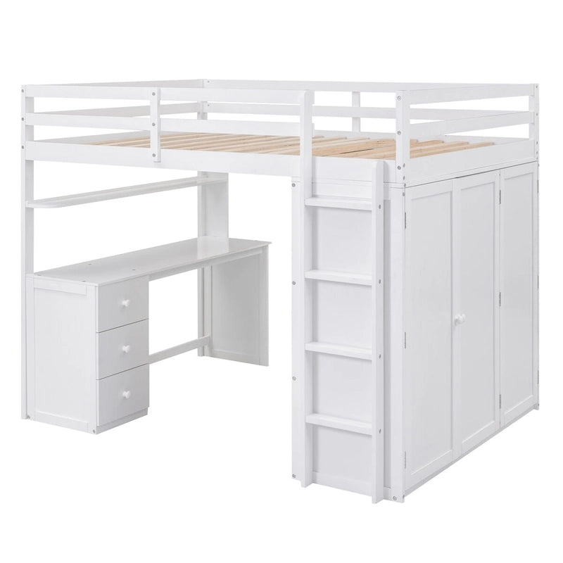 Lit mezzanine double avec tiroirs, bureau, armoire et barrières de sécurité