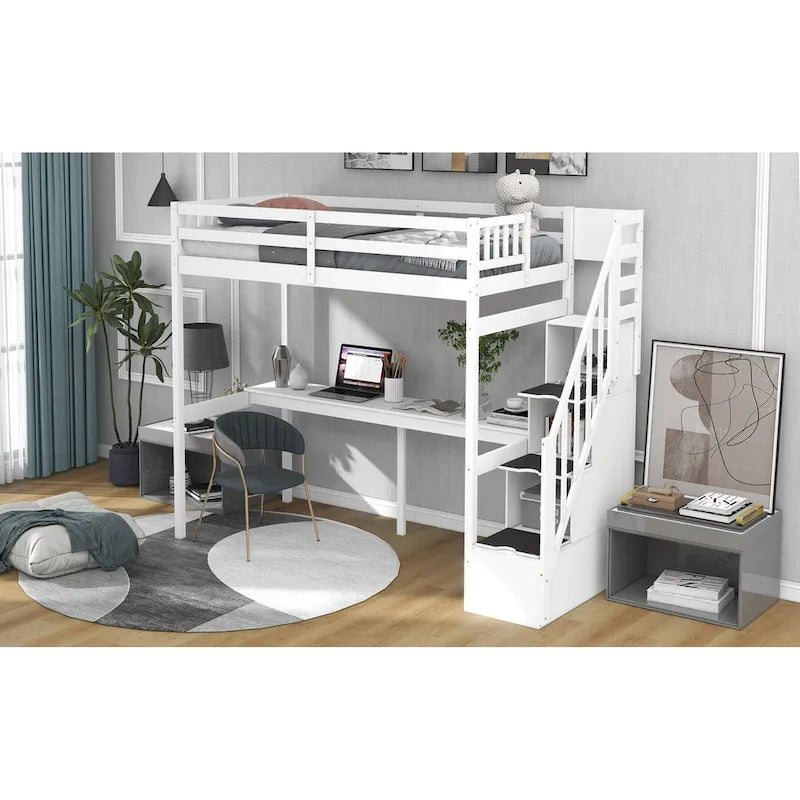 Loft Bed with Storage Staircase and Built-In Desk