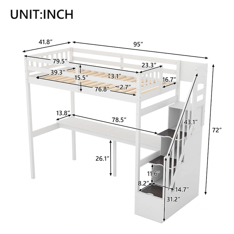 Lit mezzanine avec escalier de rangement et bureau intégré