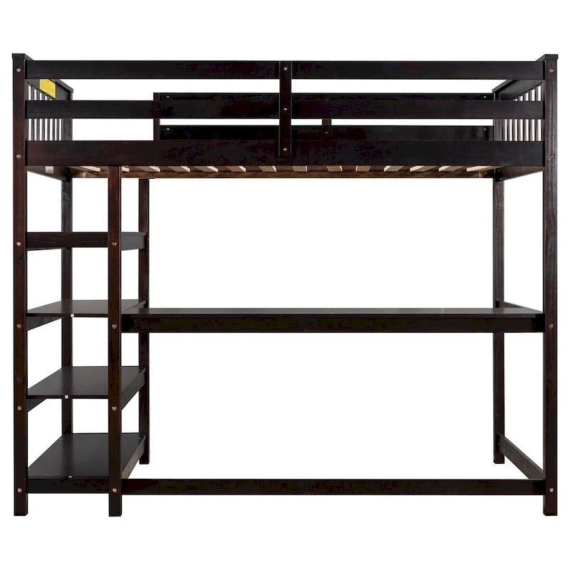 Lit mezzanine double en bois massif de couleur espresso avec bureau intégré, étagères de rangement et barrières de sécurité stables