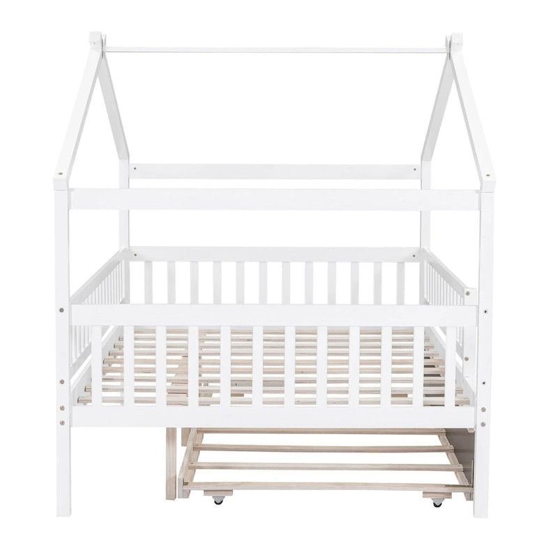 Lit simple en pin avec lit gigogne et barrière de sécurité