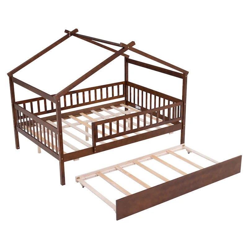 Lit simple en pin avec lit gigogne et barrière de sécurité