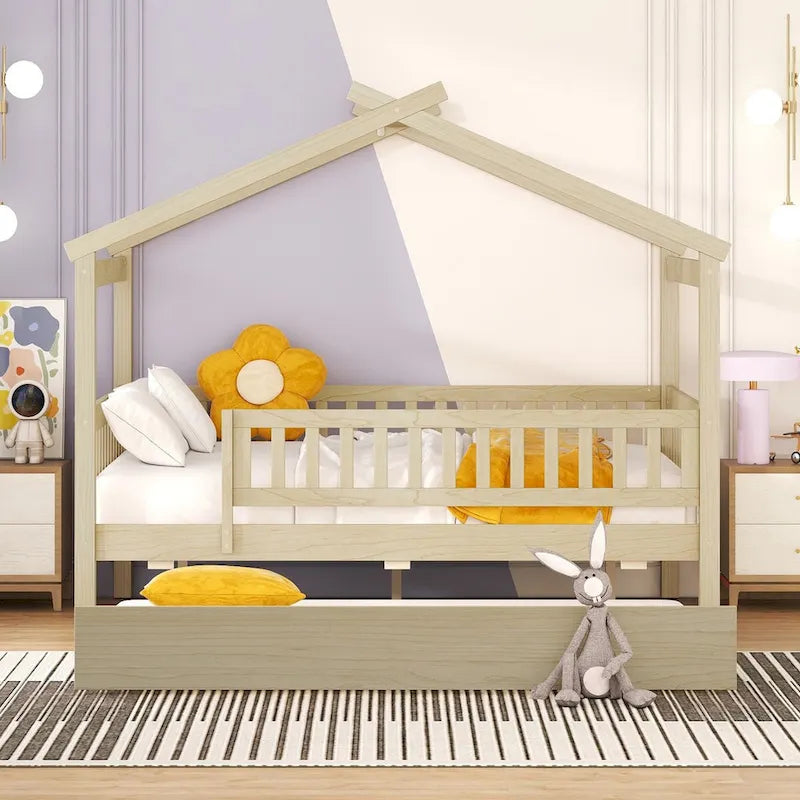 Lit simple en pin avec lit gigogne et barrière de sécurité
