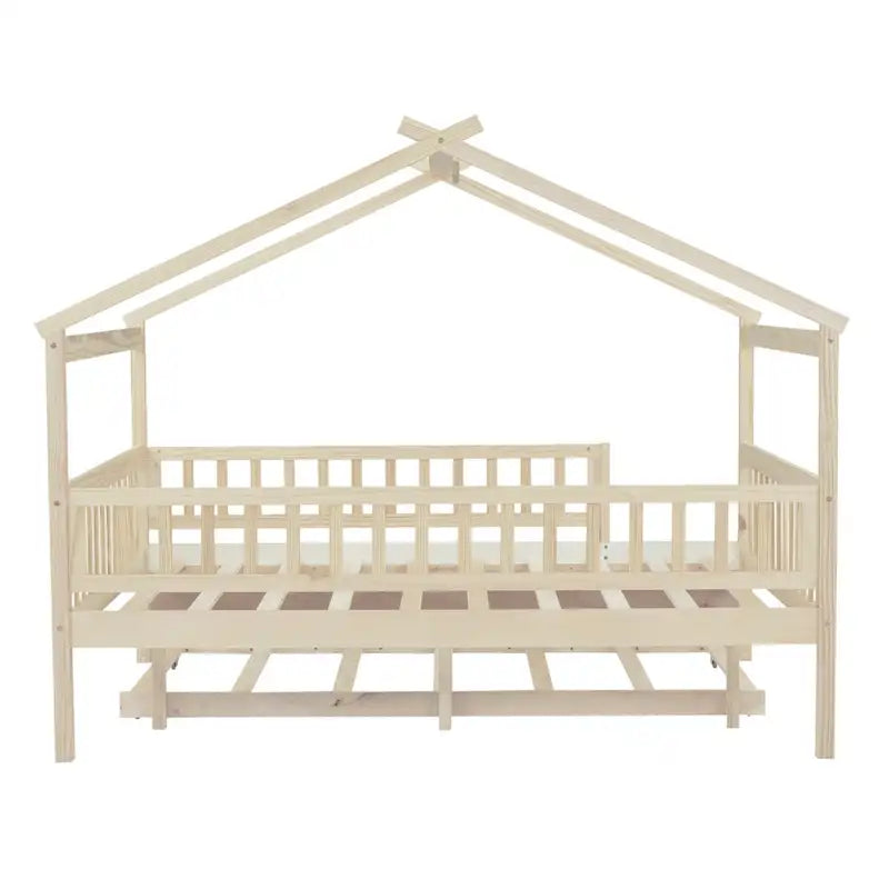 Lit simple en pin avec lit gigogne et barrière de sécurité