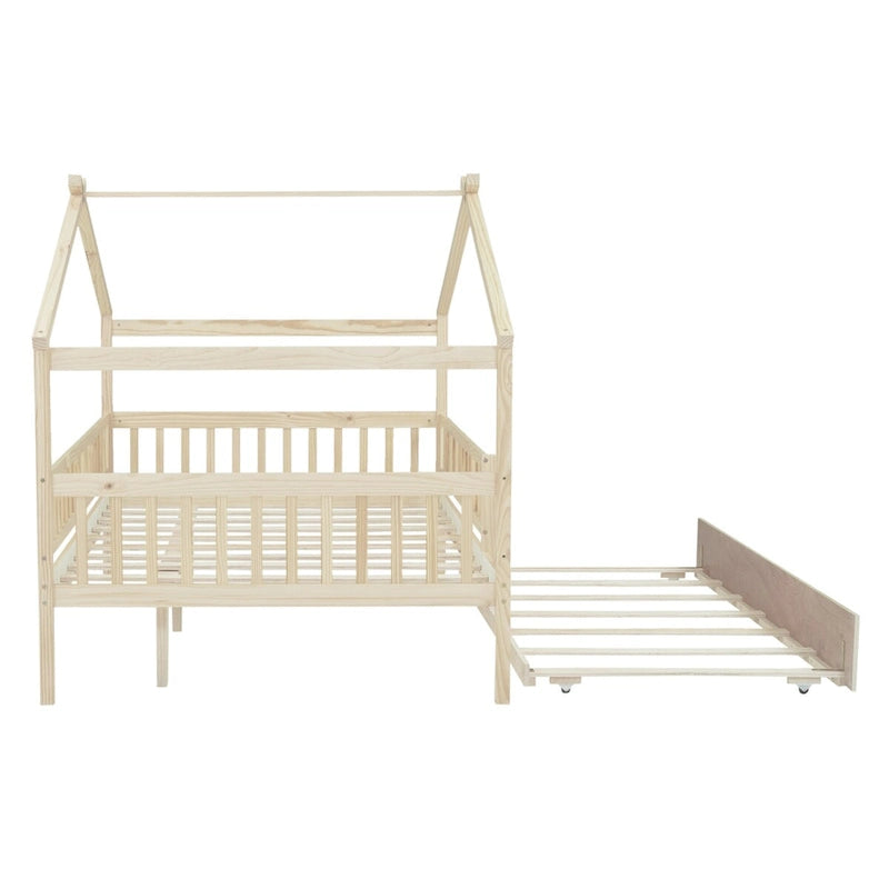 Lit simple en pin avec lit gigogne et barrière de sécurité