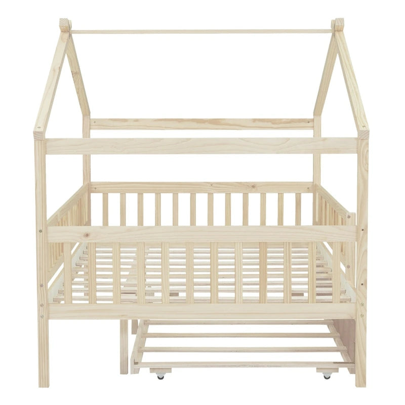 Lit simple en pin avec lit gigogne et barrière de sécurité