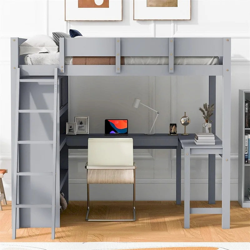Full Size Wood Loft Bed with Desk and Shelf,Guardrail