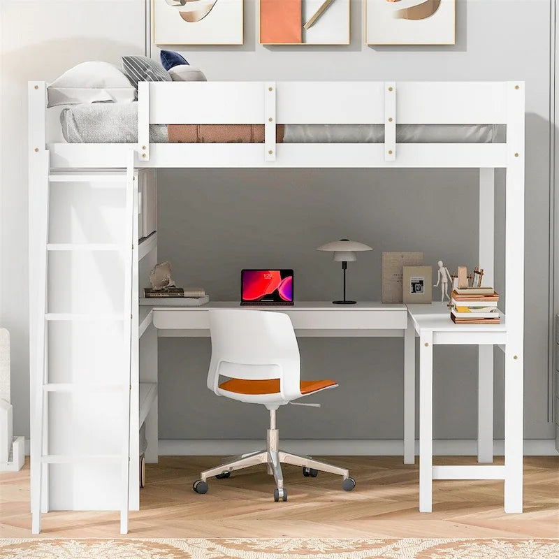 Lit mezzanine en bois pleine grandeur avec bureau et étagère, garde-corps