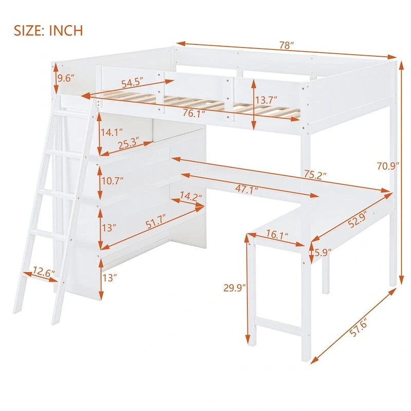 Lit mezzanine en bois pleine grandeur avec bureau et étagère, garde-corps