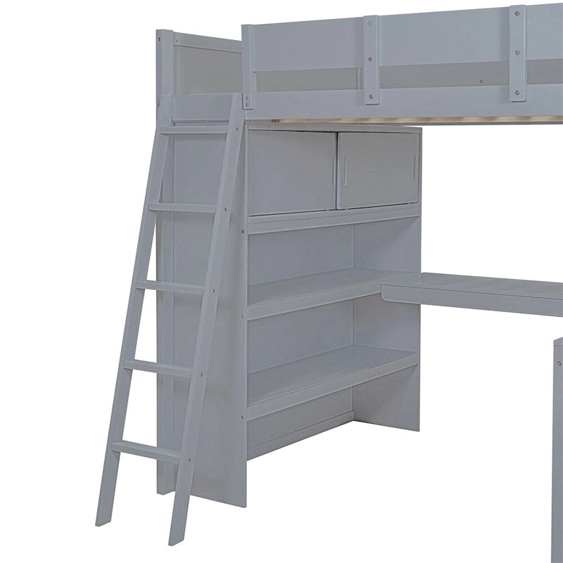 Lit mezzanine en bois pleine grandeur avec bureau et étagère, garde-corps
