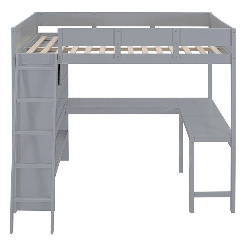 Lit mezzanine en bois pleine grandeur avec bureau et étagère, garde-corps
