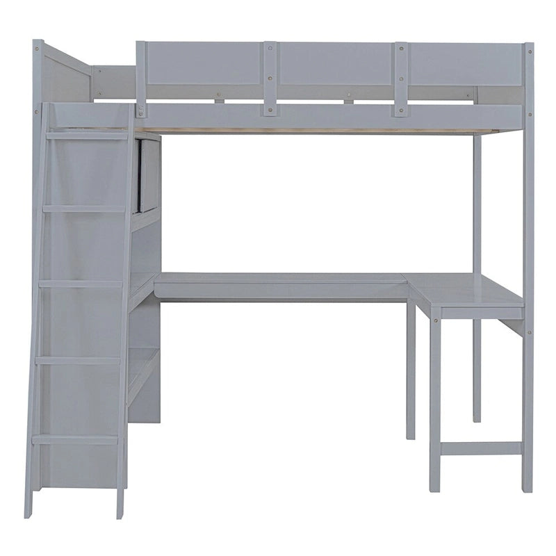 Lit mezzanine en bois pleine grandeur avec bureau et étagère, garde-corps