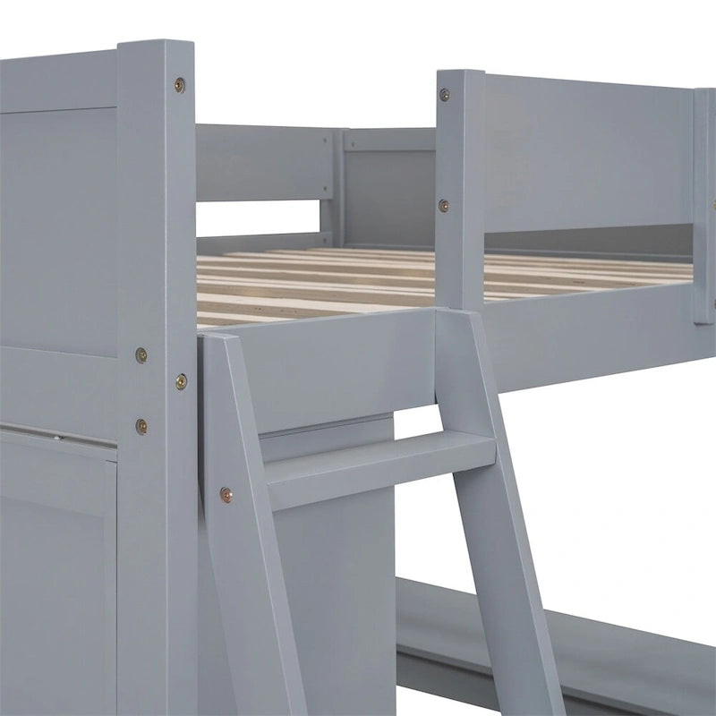 Lit mezzanine en bois pleine grandeur avec bureau et étagère, garde-corps