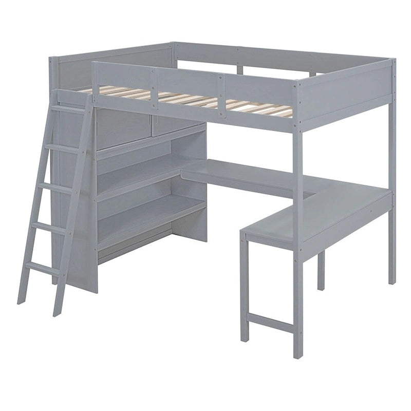 Lit mezzanine en bois pleine grandeur avec bureau et étagère, garde-corps