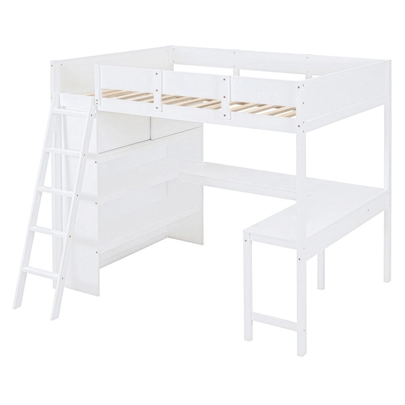 Lit mezzanine en bois pleine grandeur avec bureau et étagère, garde-corps