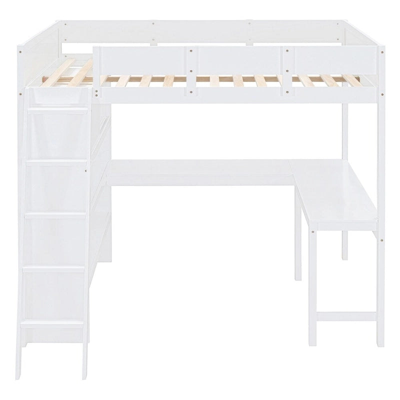 Lit mezzanine en bois pleine grandeur avec bureau et étagère, garde-corps