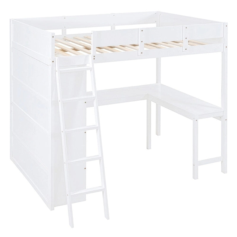Lit mezzanine en bois pleine grandeur avec bureau et étagère, garde-corps