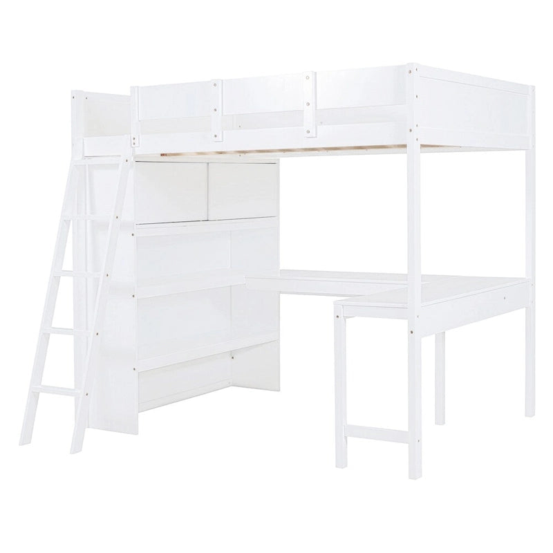 Lit mezzanine en bois pleine grandeur avec bureau et étagère, garde-corps