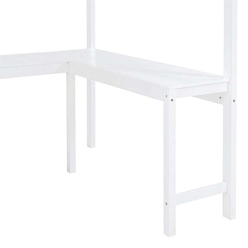 Lit mezzanine en bois pleine grandeur avec bureau et étagère, garde-corps